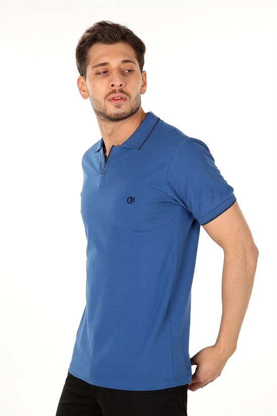 Gece Mavisi Renk Şeritli V Yaka Polo Tshirt 1007