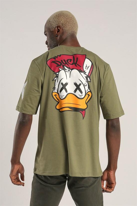 Haki Renk Donald Duck Baskılı Oversize Tişört 1039