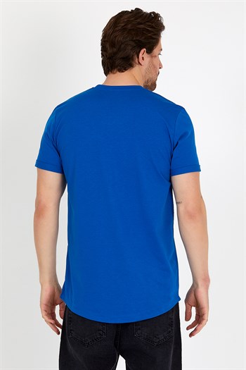 Mavi Renk Baskılı Bisiklet Yaka Oval Etek Erkek Tişört 1360