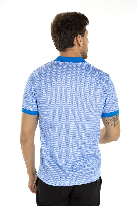 Mavi Renk Dijital Petek Desen Polo Yaka Tişört 1018