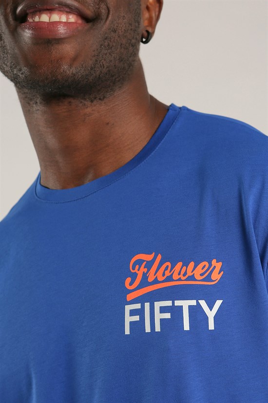 Mavi Renk Flower Fifty Yazılı Oversize Erkek Tişört 1047