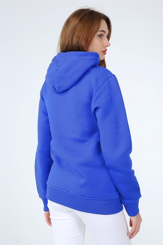 Mavi Renk Kapüşonlu Kanguru Cep Bayan Sweatshirt 1200