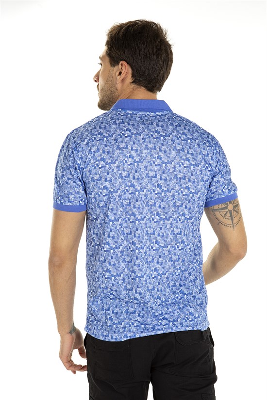 Mavi Renk Küçük Kare Dijital Desenli Polo Yaka T-Shirt 1015