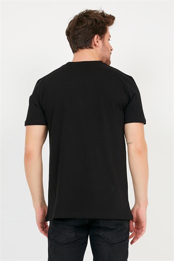 Siyah Renk Baskılı Bisiklet Yaka Basic Tişört 1330