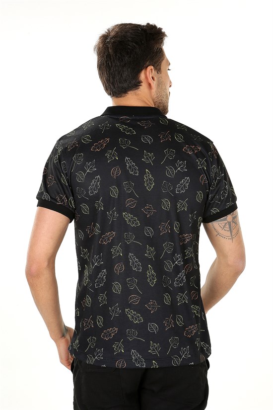 Siyah Renk Dijital Yaprak Desen Polo Yaka Tişört 1019