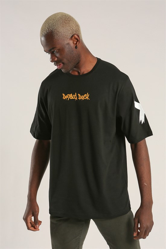 Siyah Renk Donald Duck Baskılı Oversize Tişört 1039
