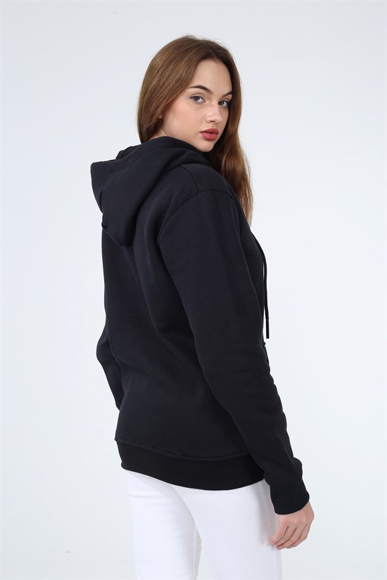 Siyah Renk Kapüşonlu Kanguru Cep Bayan Fermuarlı Sweatshirt 1201