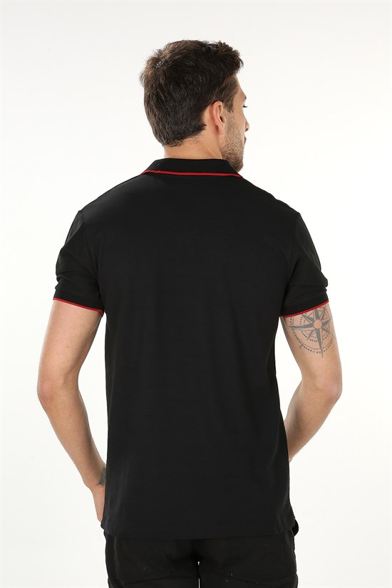 Siyah Renk Şeritli V Yaka Polo Tshirt 1007