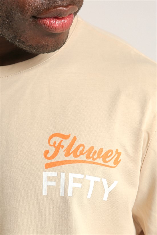 Taş Renk Flower Fifty Yazılı Oversize Erkek Tişört 1047