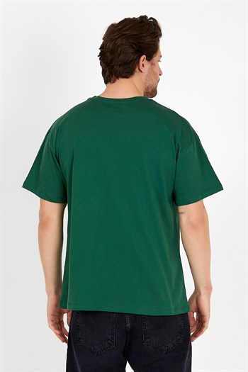 Unisex Koyu Yeşil Baskılı Bisiklet Yaka Oversize T-shirt