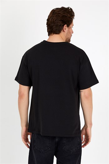 Unisex Siyah Baskılı Bisiklet Yaka Oversize T-shirt