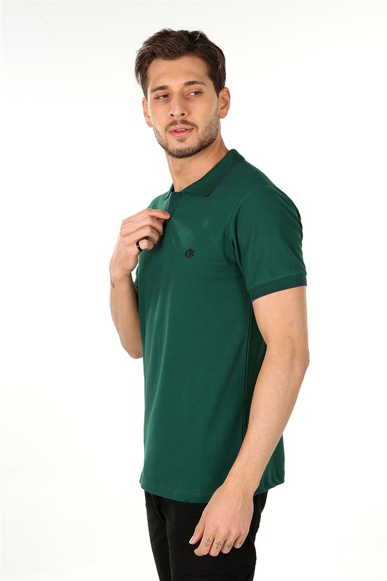 Yeşil Renk Şeritli V Yaka Polo Tshirt 1007