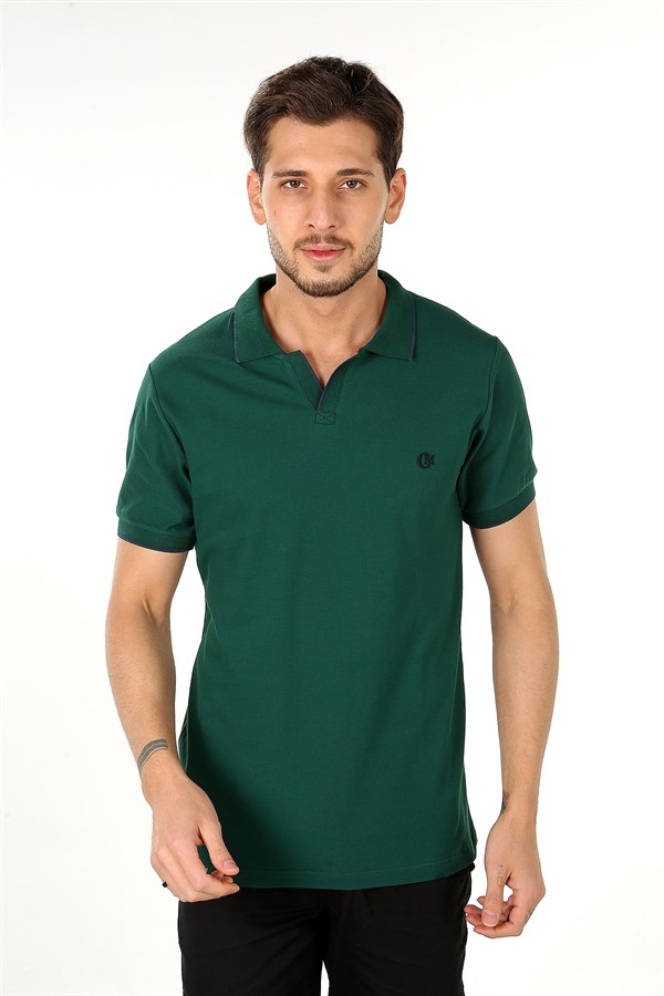 Yeşil Renk Şeritli V Yaka Polo Tshirt 1007