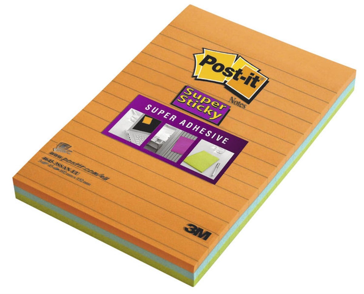 3M 4645-3Ss Post-It Süper Sticky Not Neon Turuncu-Yesil-Mavi 102X152Mm 45 Yaprakx3 Renk  