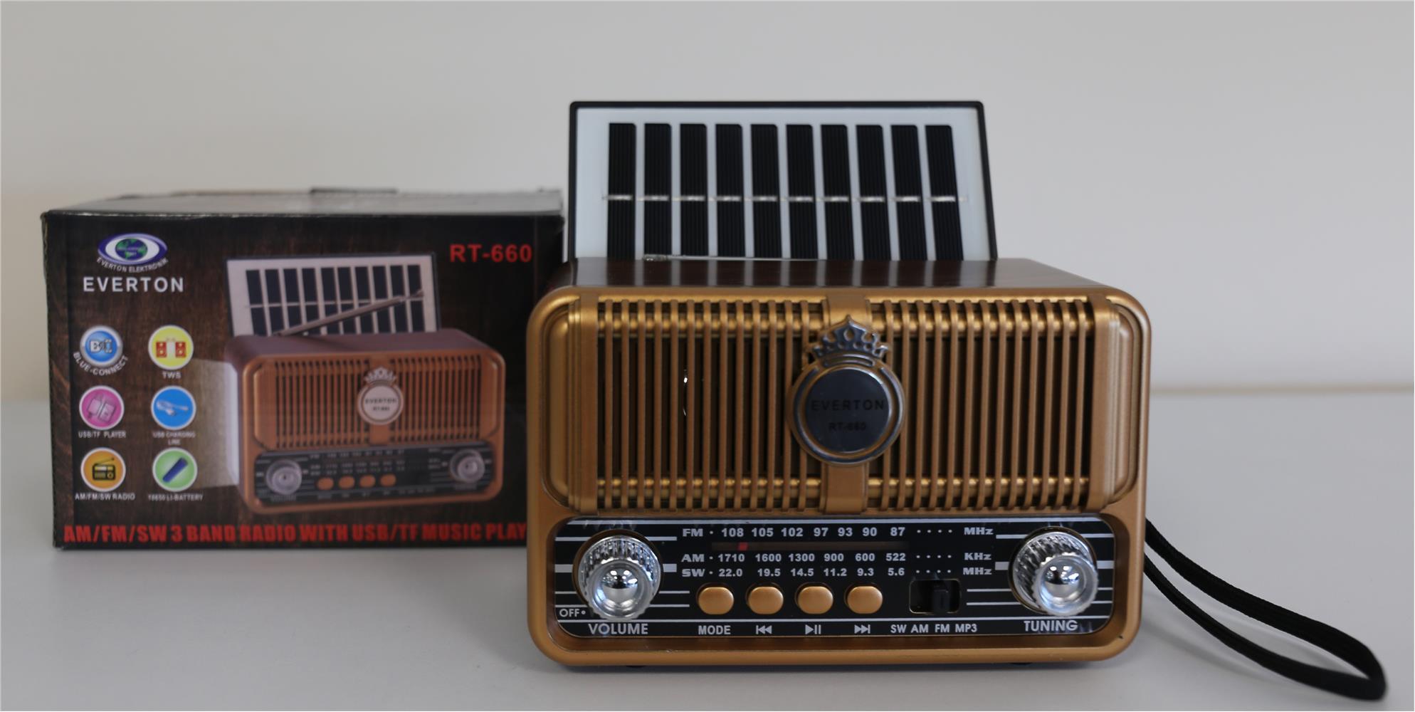 Everton Rt-660  Bluetooth Fm-Usb-Tf-Aux Şarjlı Nostaljik Radyo Solar (Güneş Panelli)