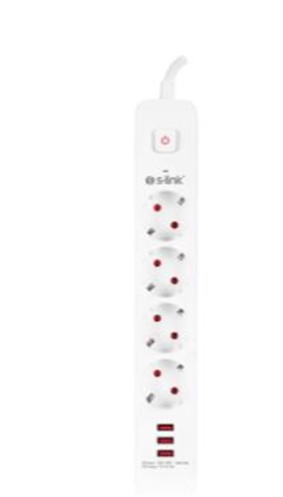 S-link SPG403U 1.5m 1.5mm 100 yüzde  Bakır 750 Joule 3 Usb 5V2.4A 4lü Anahtarlı Akım Korumalı Priz