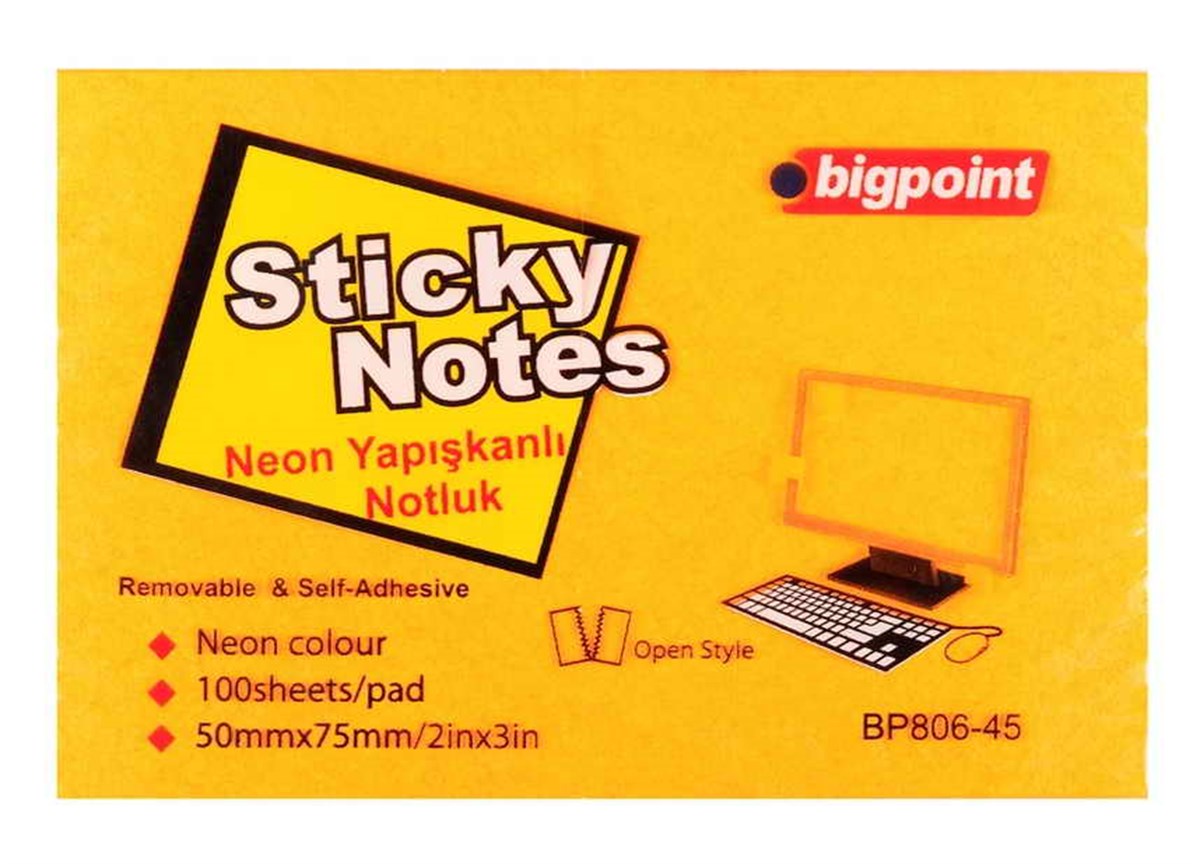 Bigpoint Bp806-45 Yapışkanlı Not Kağıdı 75x50mm Neon Turuncu