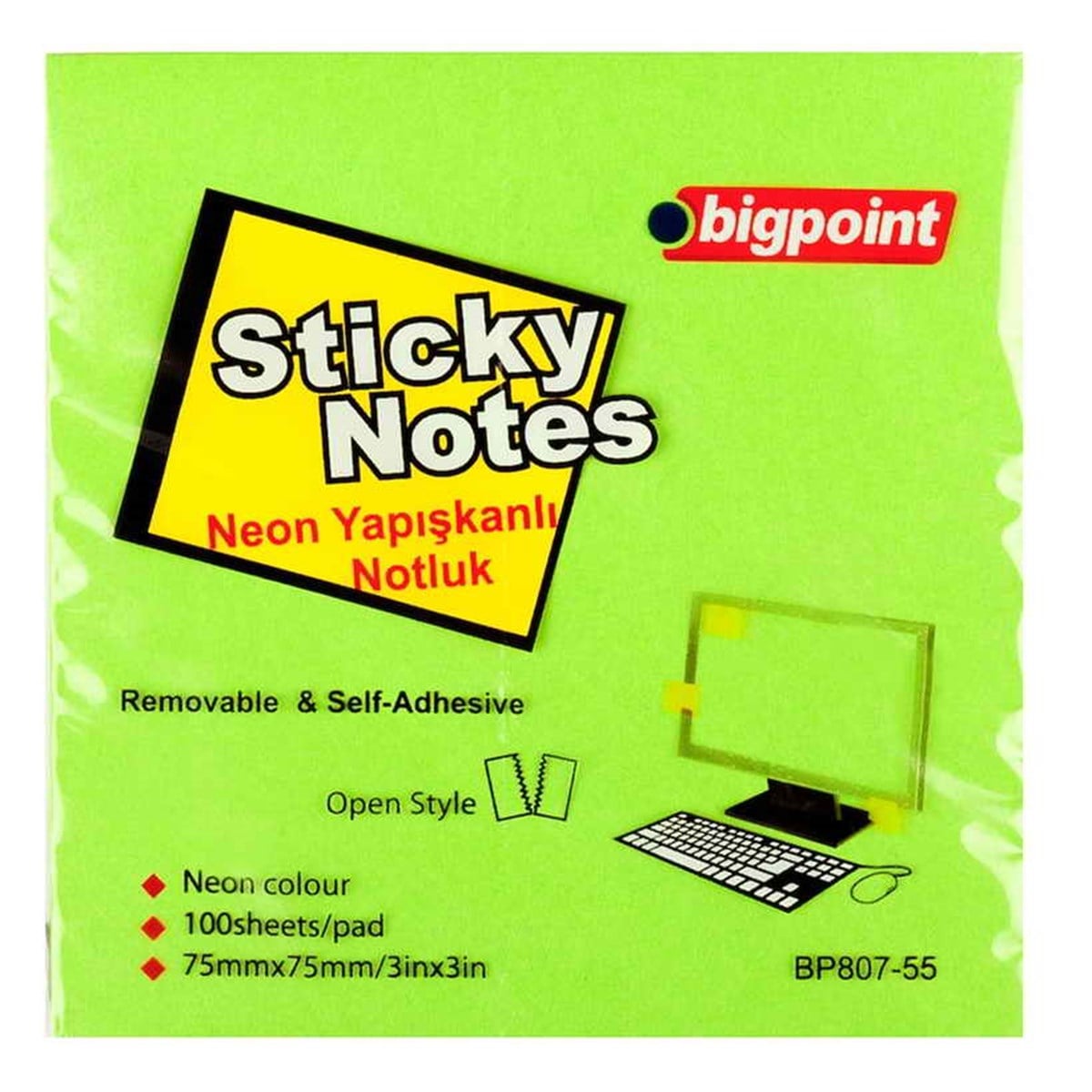 Bigpoint Bp807-55 Yapışkanlı Not Kağıdı 75x75mm Neon Yeşil