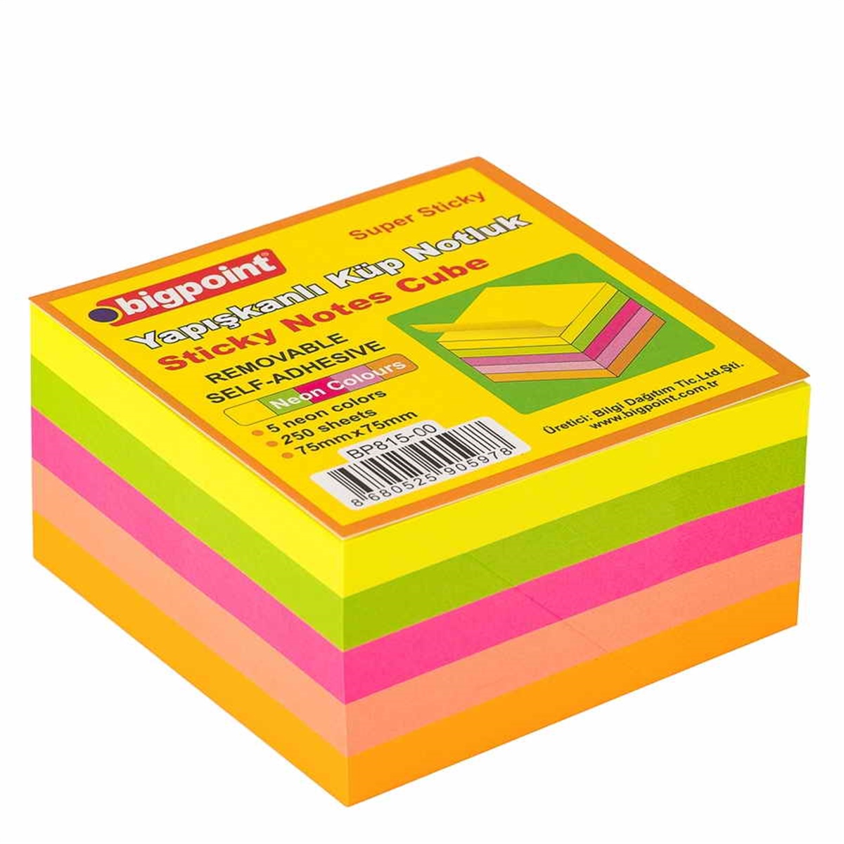 Bigpoint Bp815-00 Yapışkanlı Not Kağıdı Super Sticky Küp 5 Renk 250 Yaprak