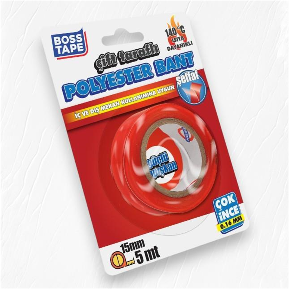 Boss Bt-01038 Tape Özel Polyester Çift Taraflı Bant 140 Derce Isıya Dayanıklı 15Mmx5M