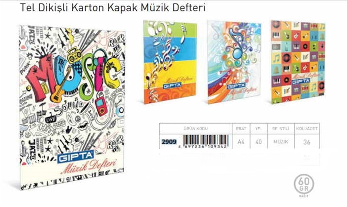 Gipta 2909 Tel Dikisli A4 Karton Kapak Müzik Defteri 40 Yaprak