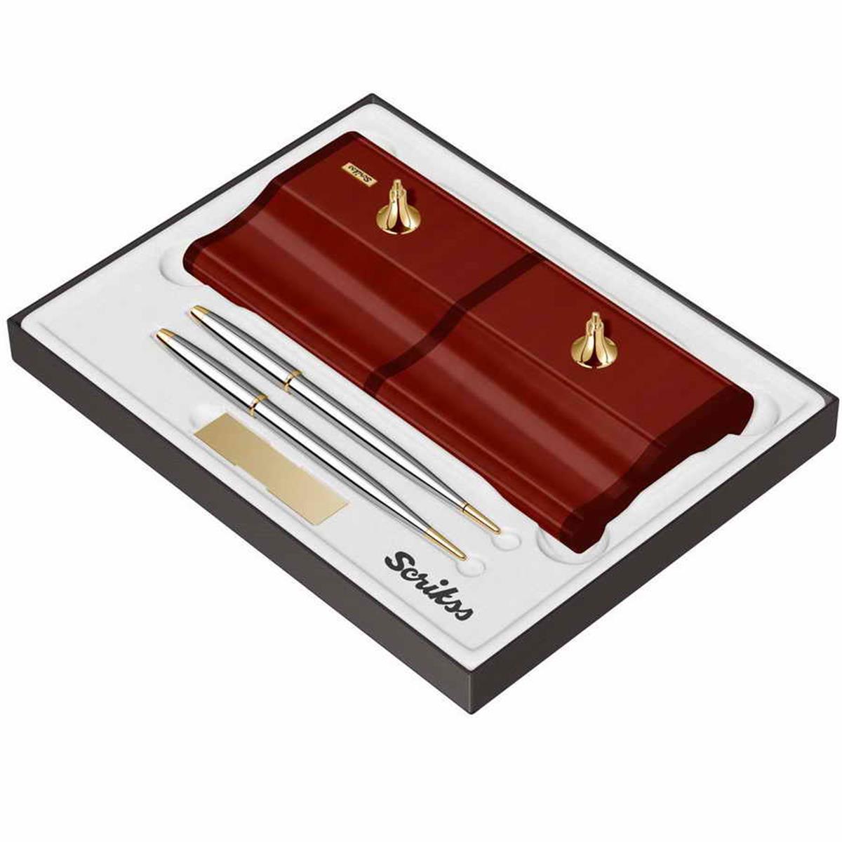 Scrikss Masa Takimi Parlak Sapeli Agaci Dolmakalem+Tükenmez Kalem Gold Krom