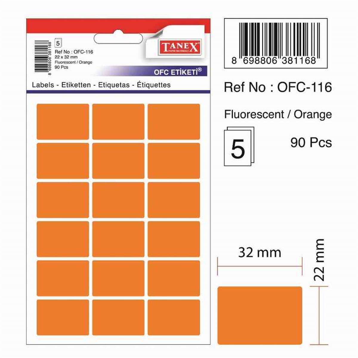 Tanex Ofc-116 Flo Turuncu Ofis Etiketi 5Li Paket