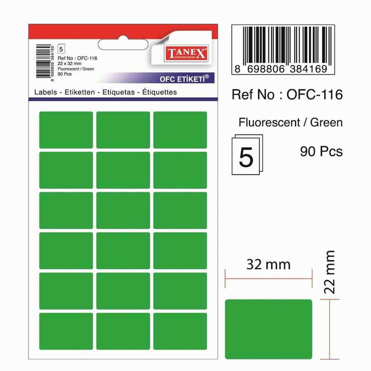 Tanex Ofc-116 Flo Yesil Ofis Etiketi 5Li Paket