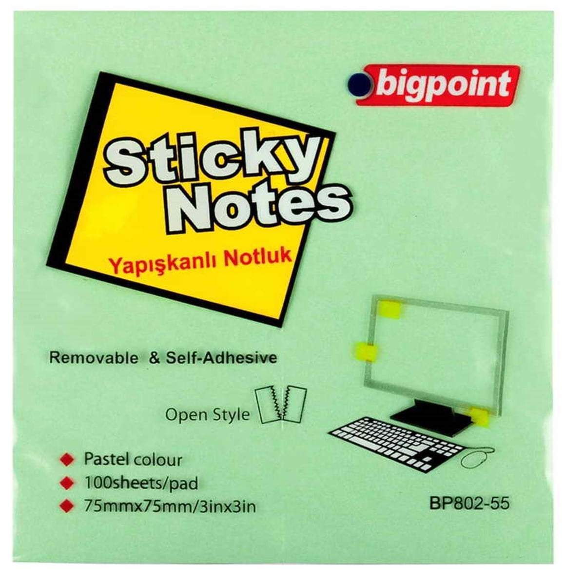 Bigpoint Bp802-55 Yapışkanlı Not Kağıdı 75x75mm Yeşil 