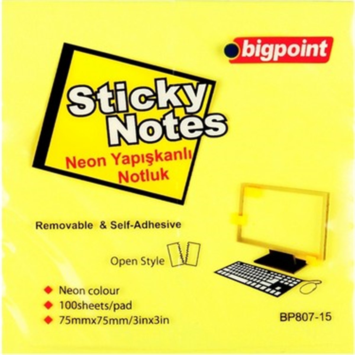 Bigpoint Bp807-15 Yapışkanlı Not Kağıdı 75x75mm Neon Sarı