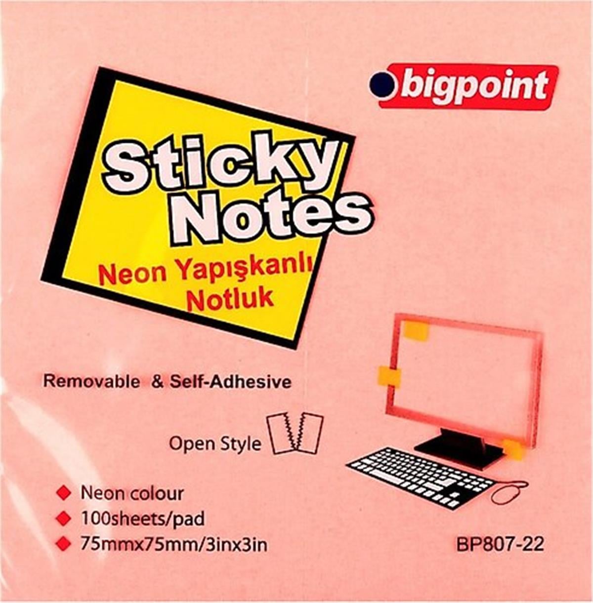 Bigpoint Bp807-22 Yapışkanlı Not Kağıdı 75x75mm Neon Pembe