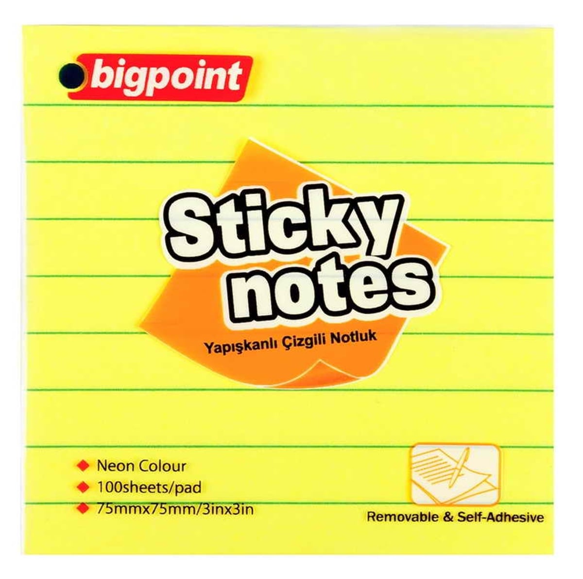 Bigpoint Bp810-15 Yapışkanlı Not Kağıdı Çizgili 75x75Mm Neon Sarı