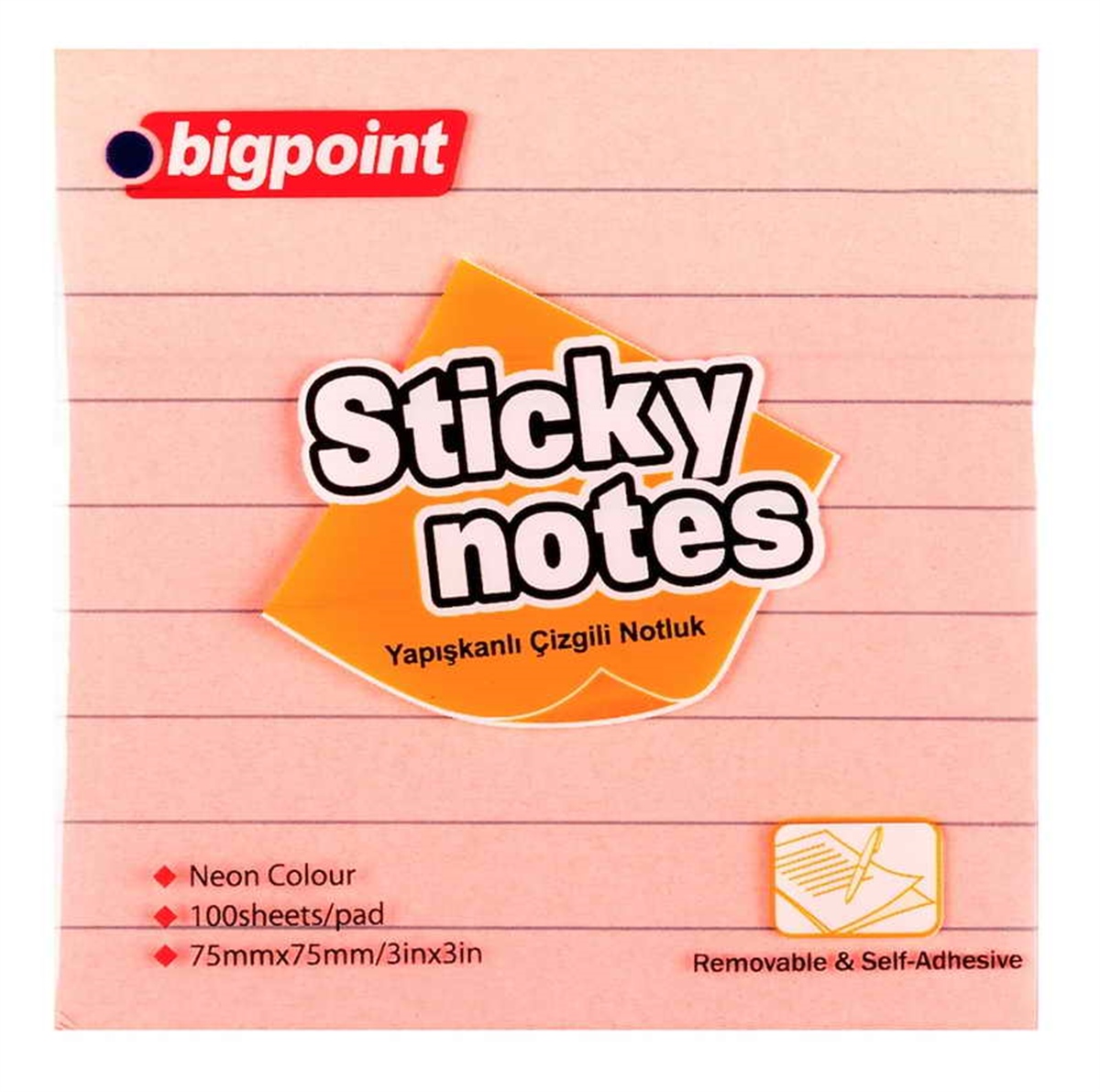 Bigpoint Bp810-22 Yapışkanlı Not Kağıdı Çizgili 75x75Mm Neon Pembe
