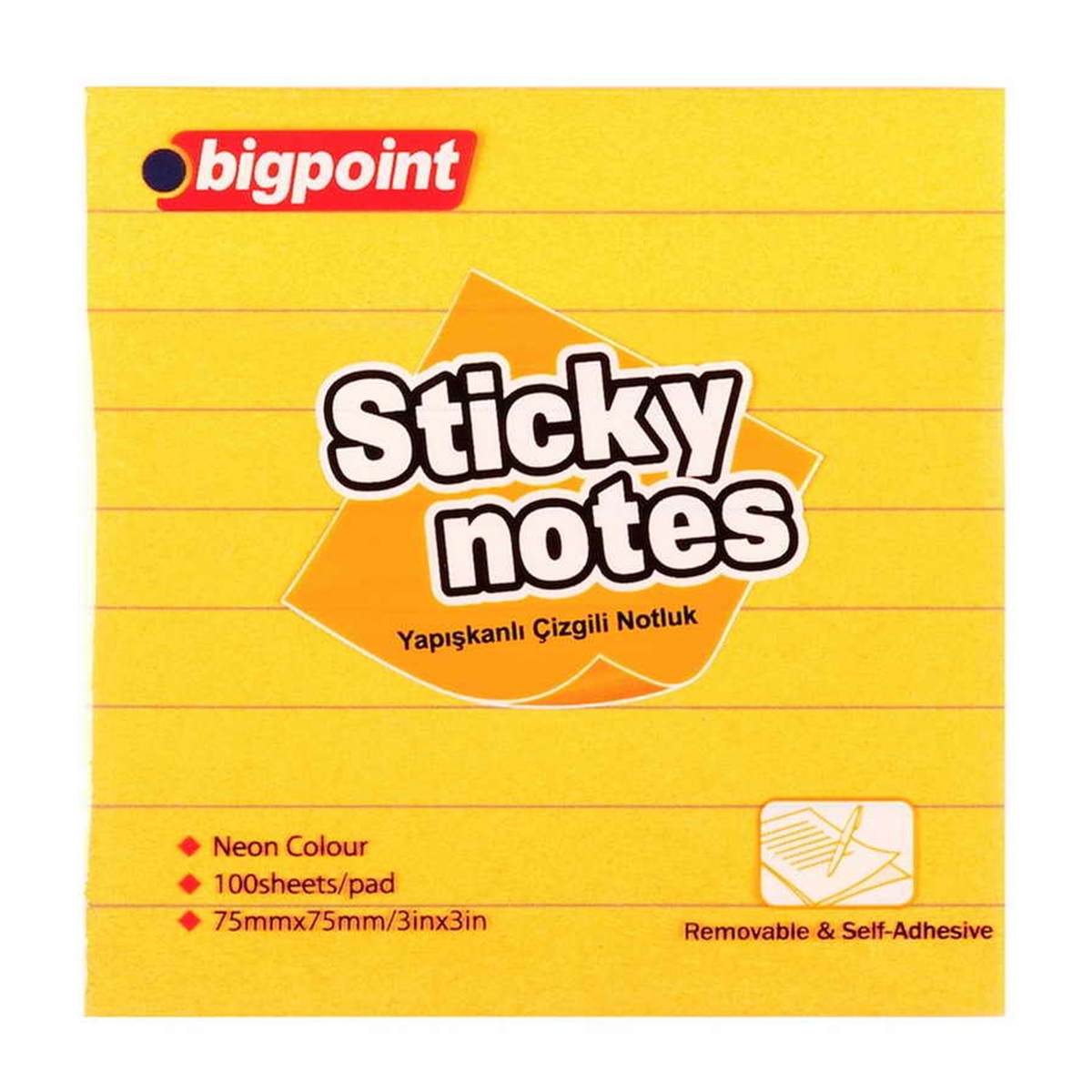 Bigpoint Bp810-45 Yapışkanlı Not Kağıdı Çizgili 75x75Mm Neon Turuncu