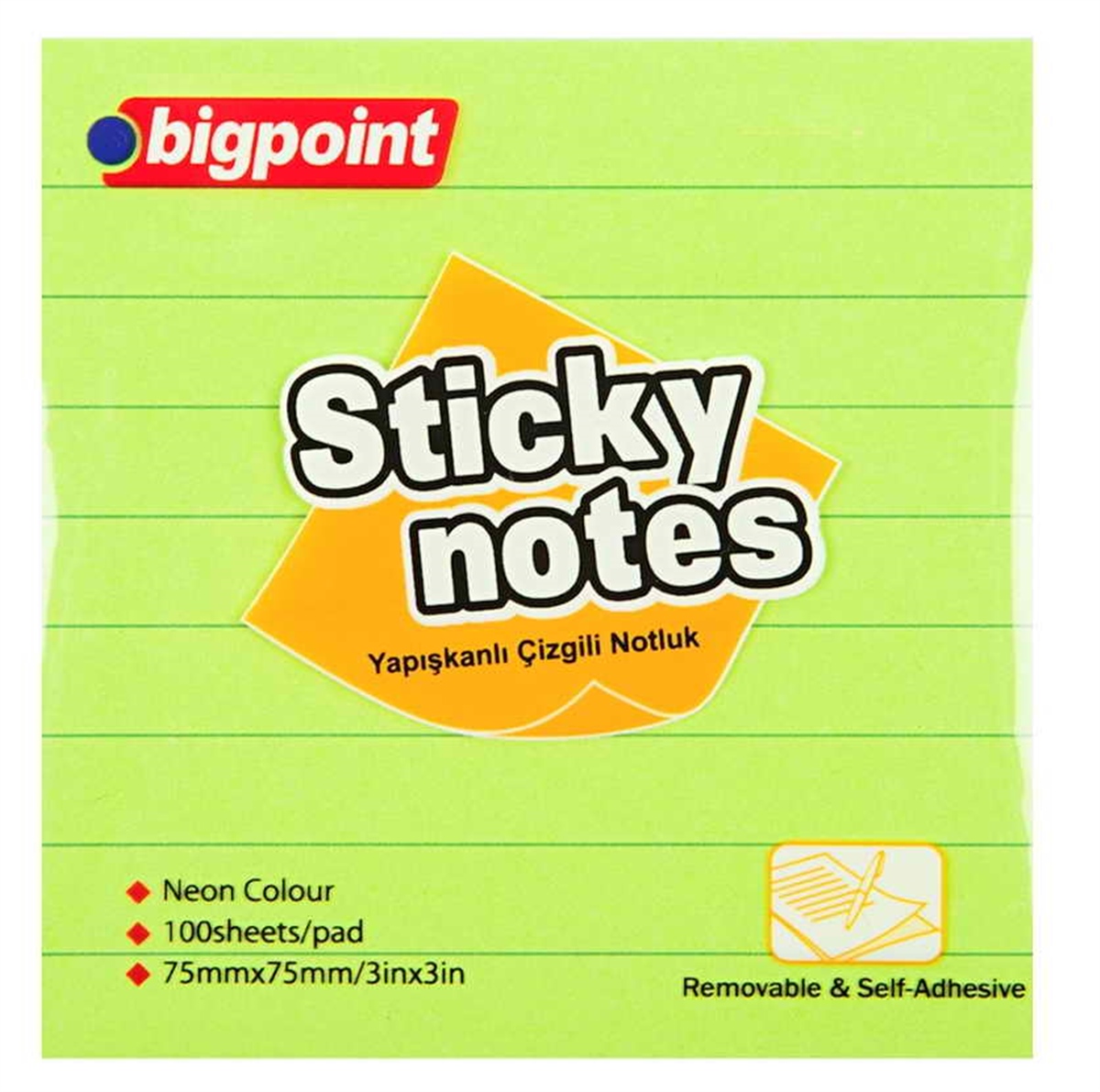 Bigpoint Bp810-55 Yapışkanlı Not Kağıdı Çizgili 75x75Mm Neon Yeşil