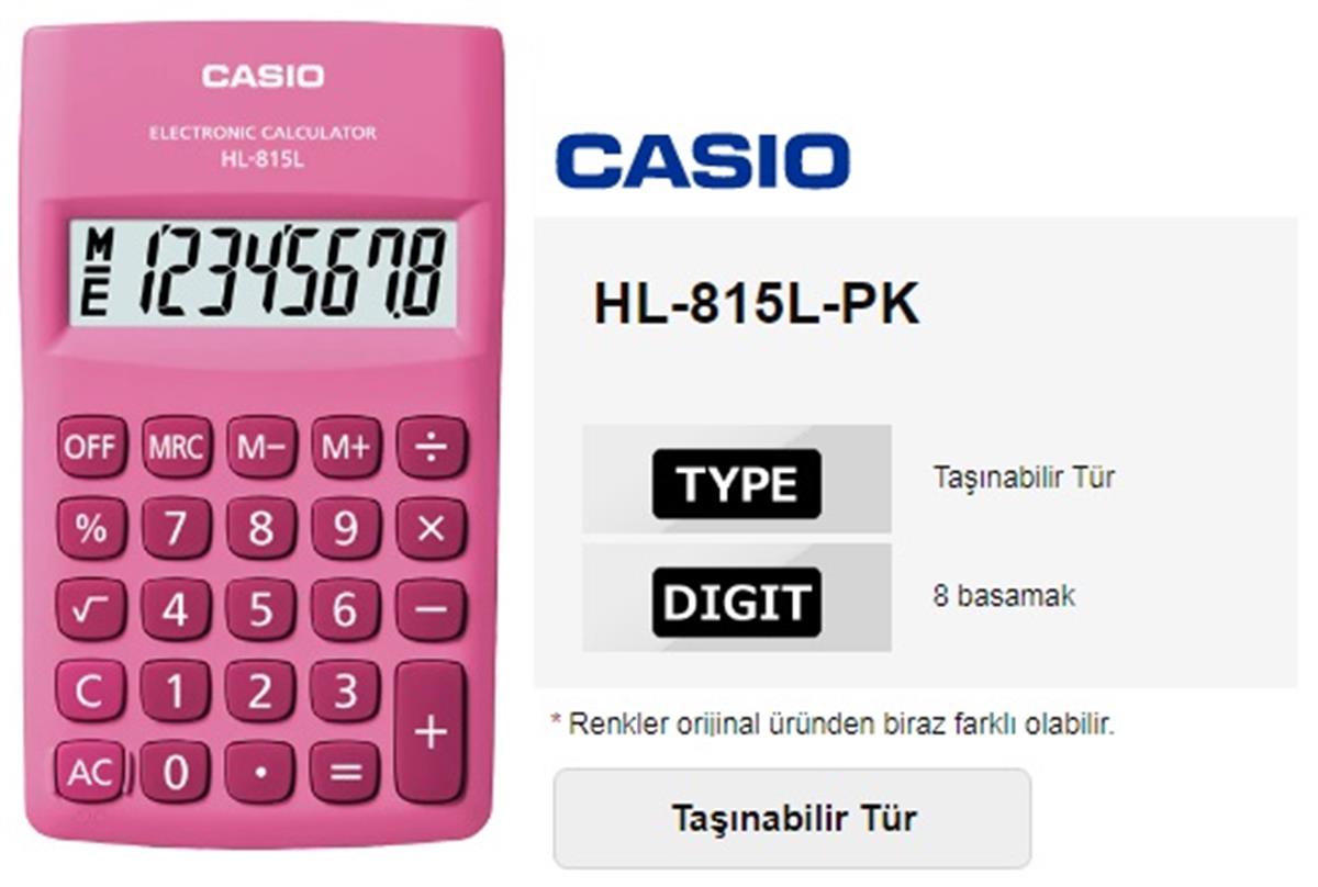 Casio HL-815L-PK 8 Hane Pembe Cep Tipi Hesap Makinesi