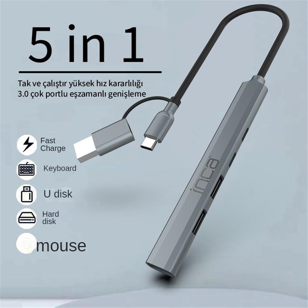 Inca IUTP-06TX 5in1 USB 3.0 + 2xUSB 2.0+Type-C+PD 100W USB+Type-C Çoklayıcı 3.0 ile 5 Gbps