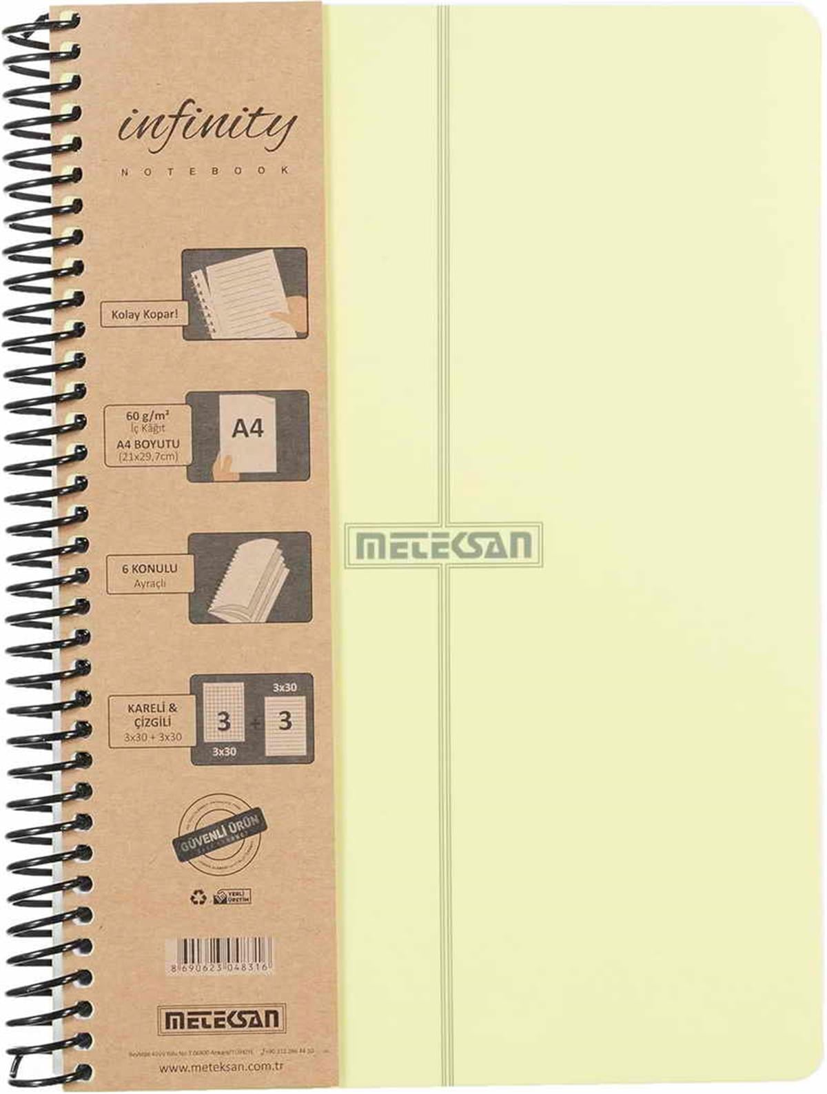 Meteksan İnfinity Pastel A4 6 Konulu Pet Spiralli 3+3 180 Yaprak Sarı