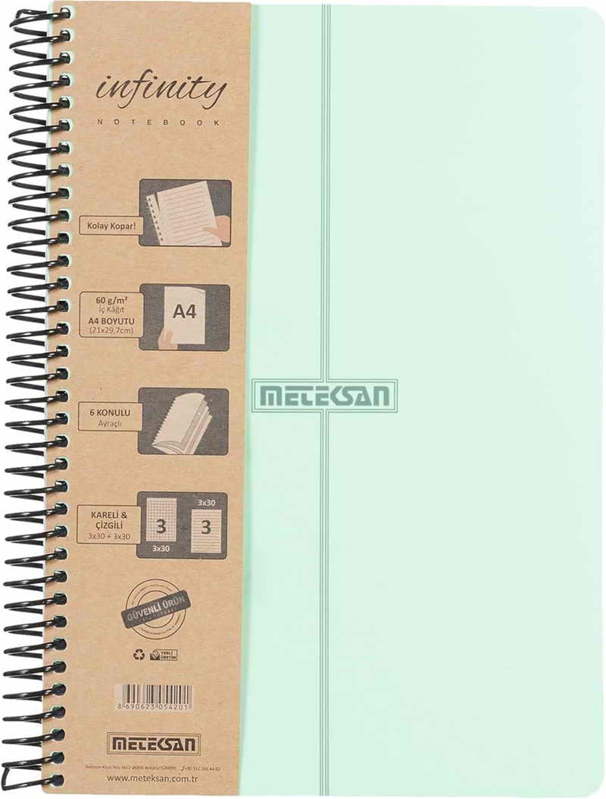Meteksan İnfinity Pastel A4 6 Konulu Pet Spiralli 3+3 180 Yaprak Mavi