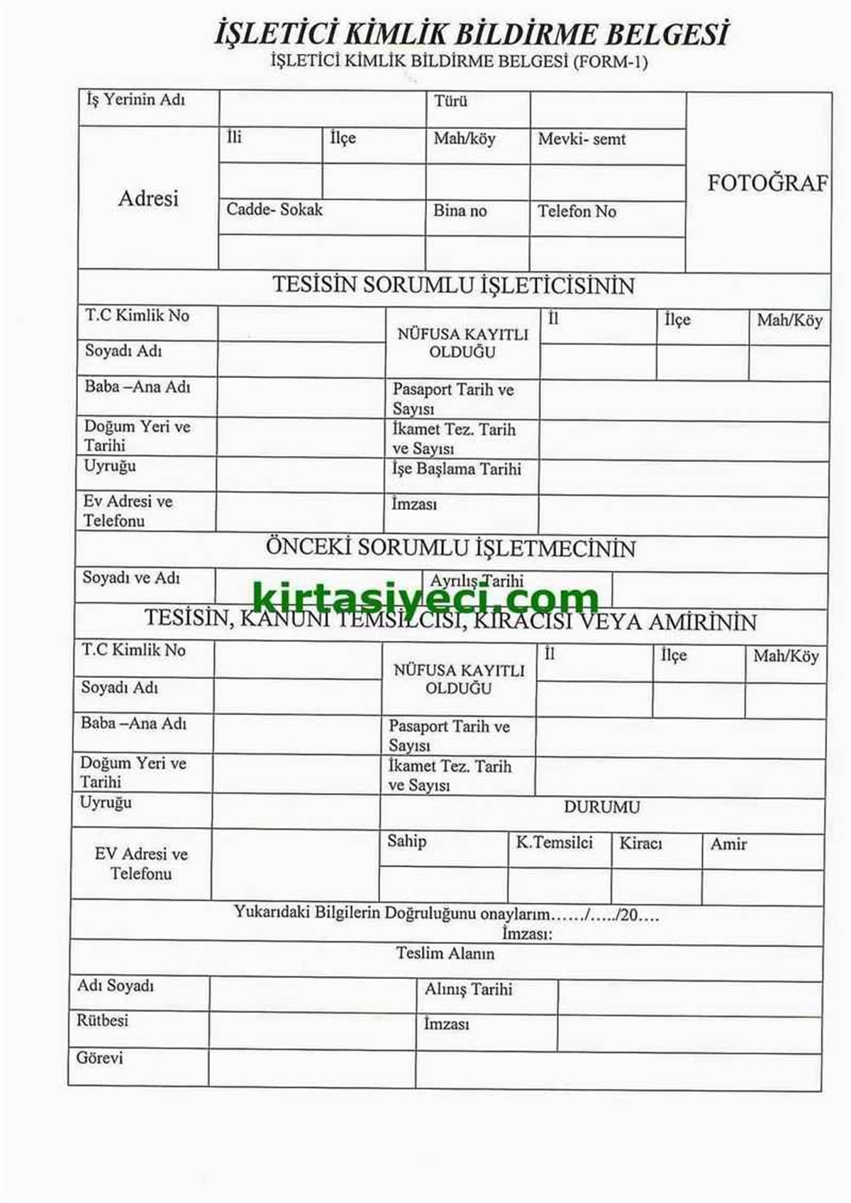 Özkan M0463 Form 1 Isletici Kimlik Bildirme Belgesi Adet 