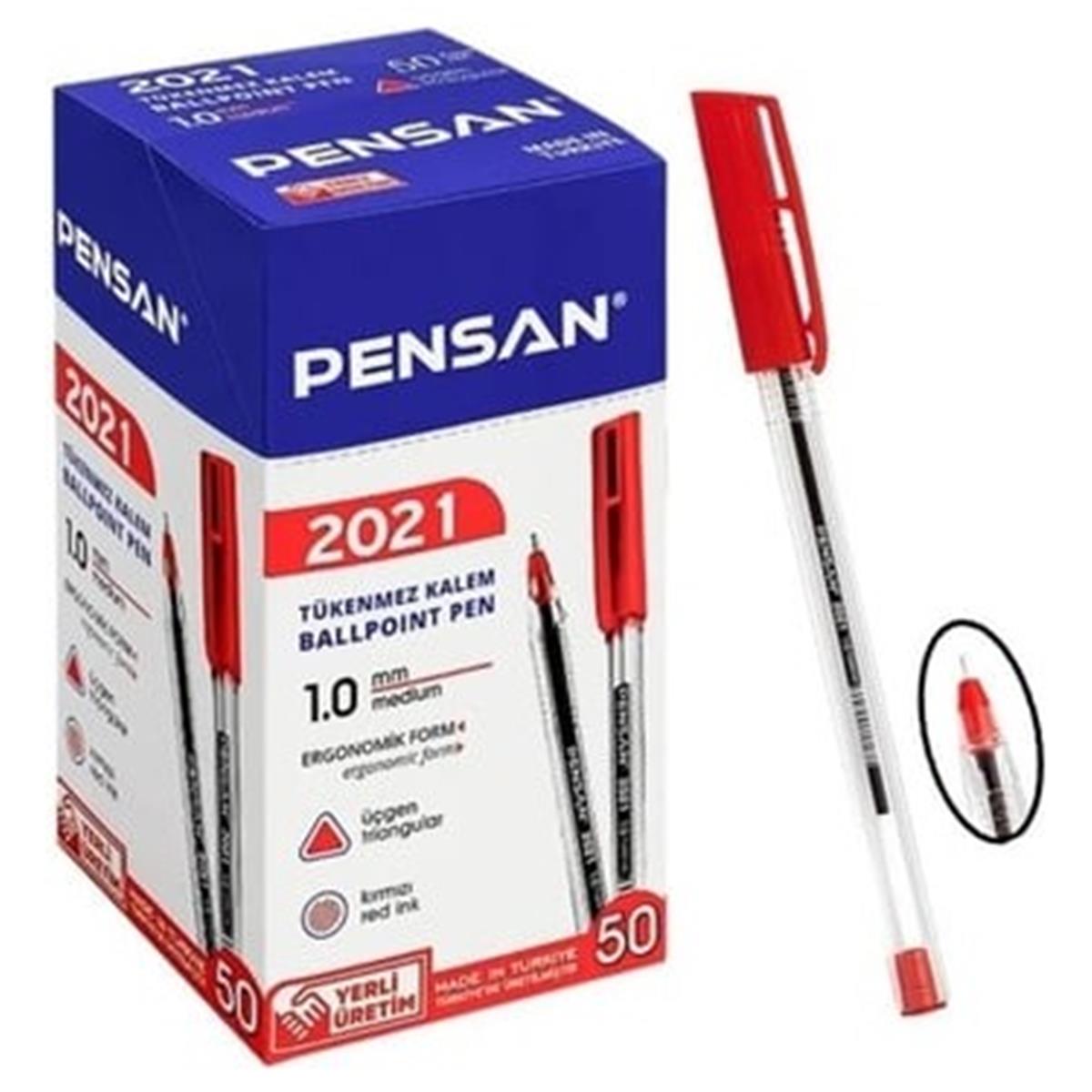 Pensan 2021 Tükenmez Kalem Üçgen Gövdeli Şeffaf Kırmızı 50 Lİ Paket