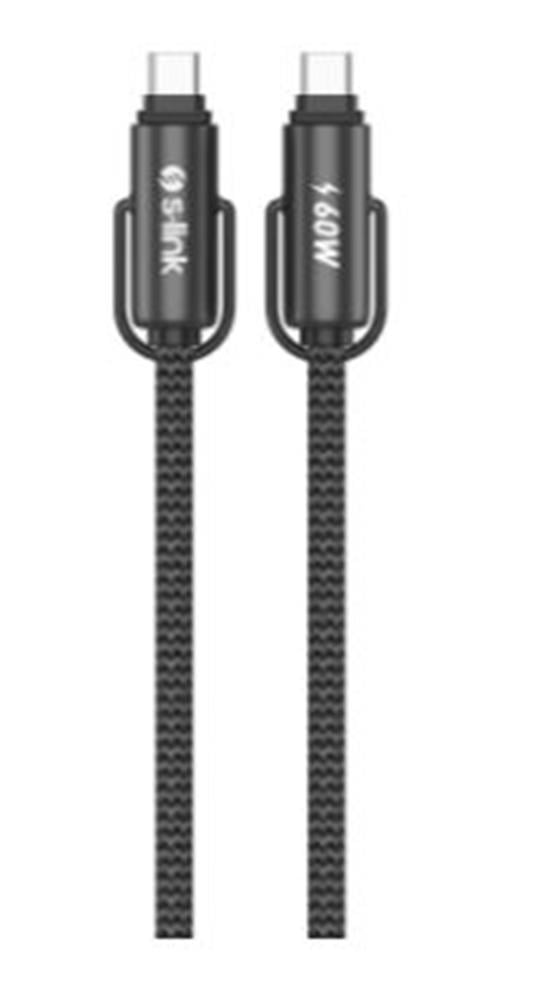 S-link Armor Boyun Askılı AC-01 60W 1.2m Type-C to Type-C  Örgülü Metal Başlıklı Siyah Şarj Kablosu