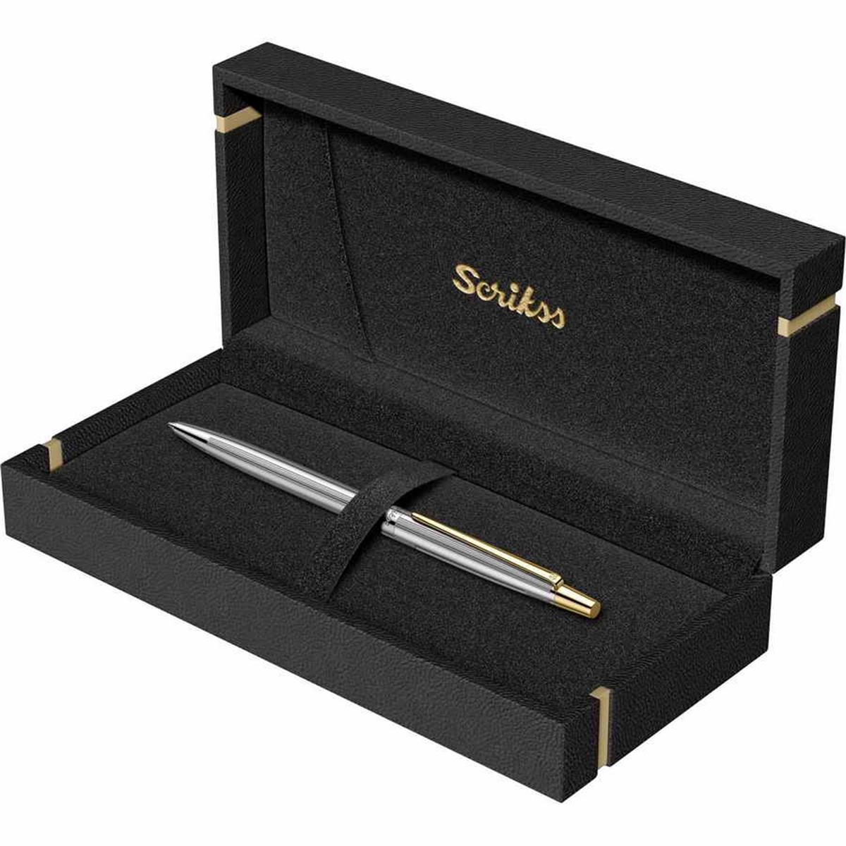 Scrikss 711L Tükenmez Kalem Gold Krom Çizgi Desenli Lüks Kutuda