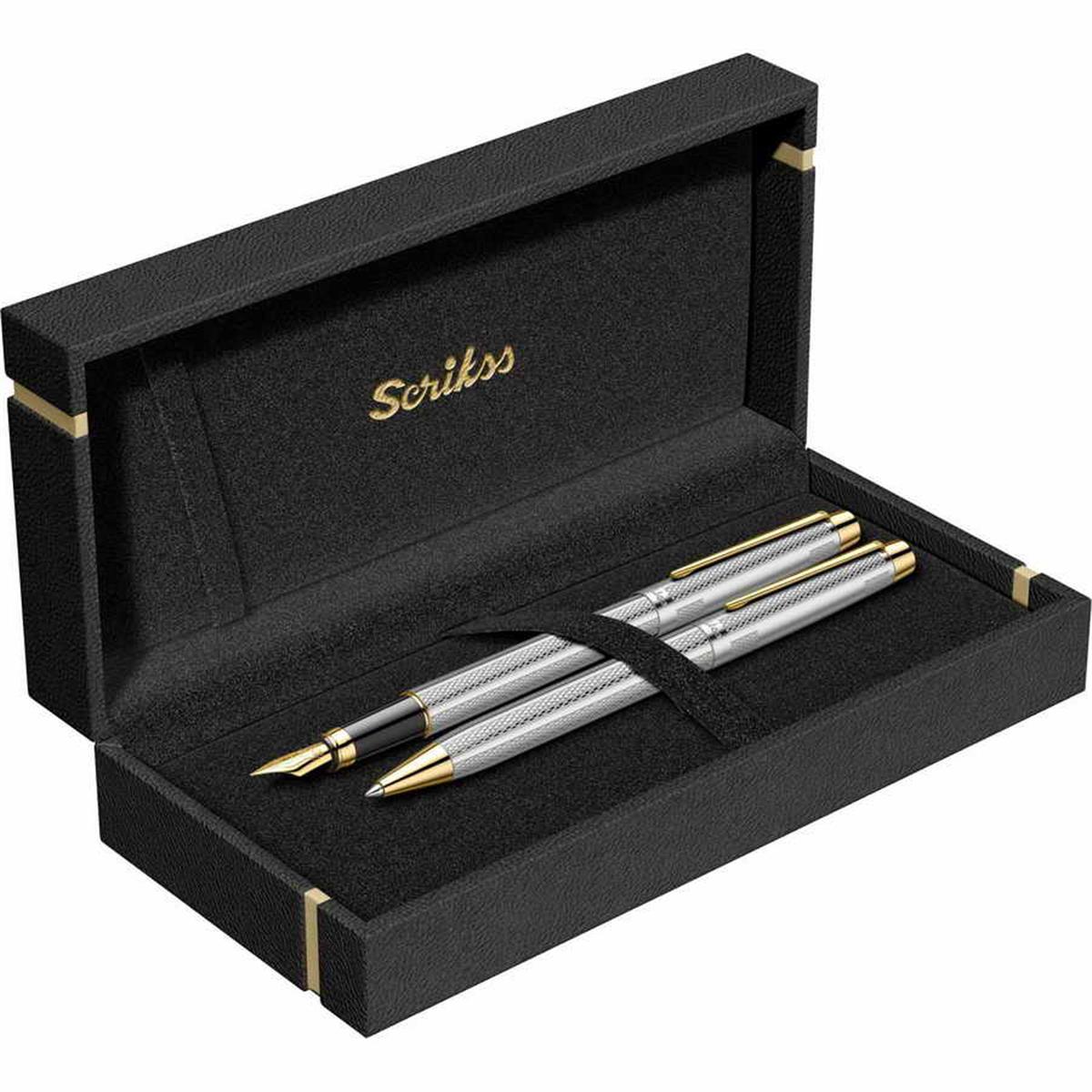 Scrikss 722W Baliksirti Desen Dolmakalem+Tükenmez Kalem Takim Gold Krom Lüks Kutu