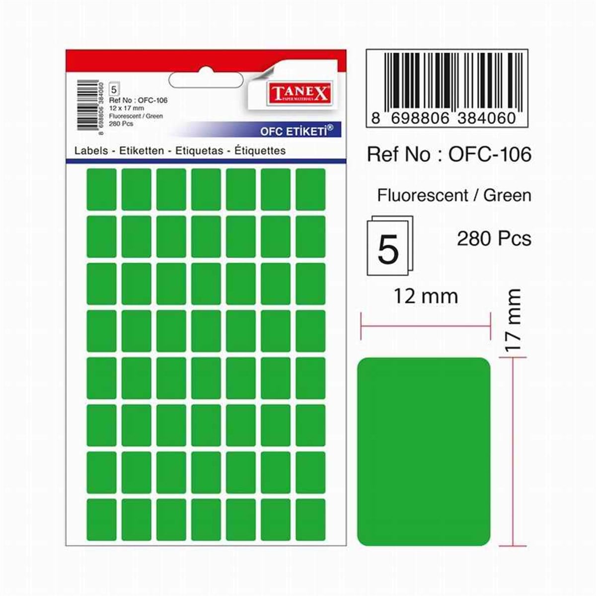 Tanex Ofc-106 Flo Yesil Ofis Etiketi 5Li Paket