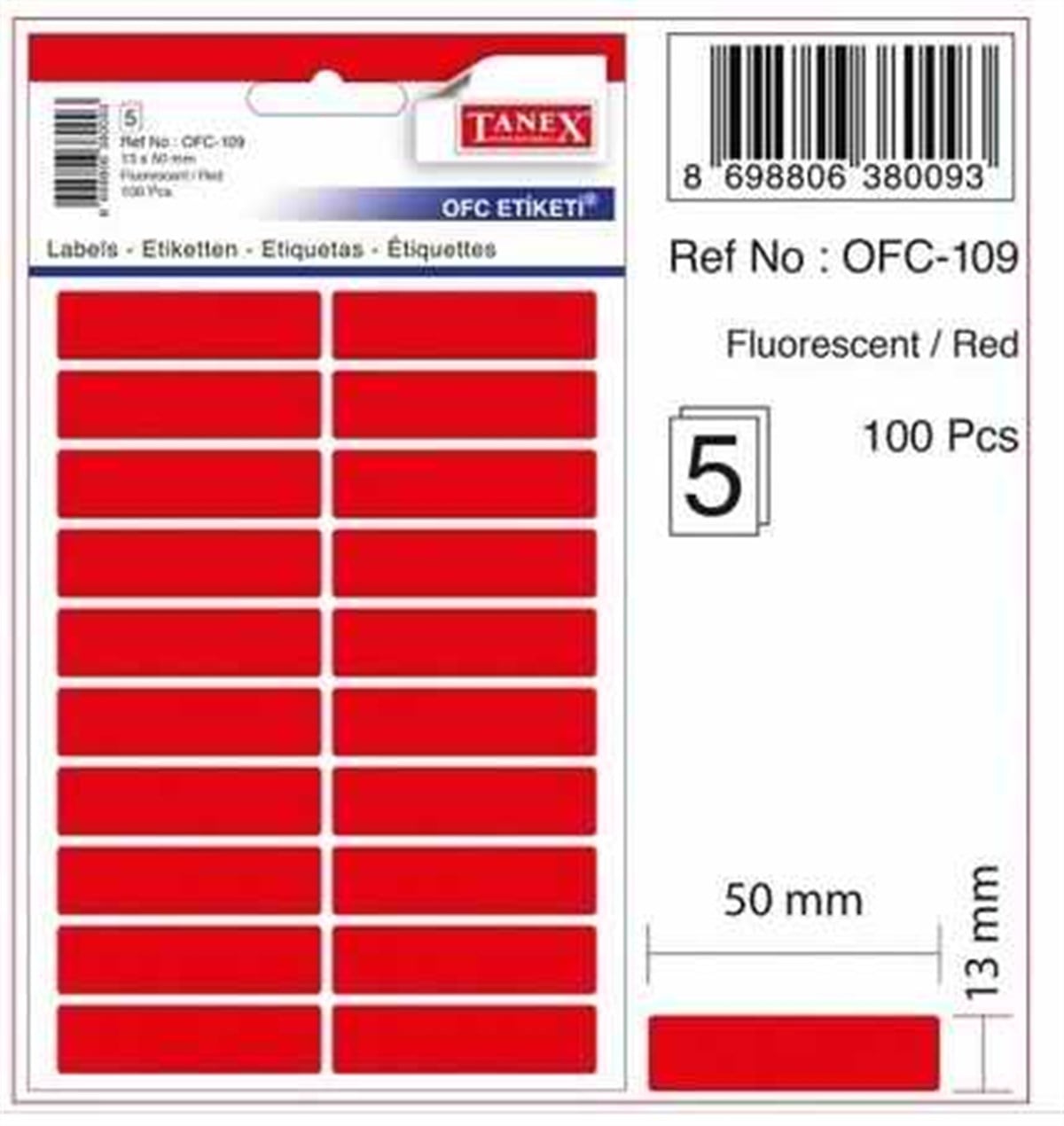 Tanex Ofc-109 Flo Kirmizi Ofis Etiketi 5Li Paket