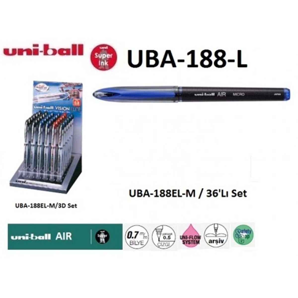 Uniball Uba-188El-M Roller Kalem Air Siyah Gövde Mavi Mürekkep Adet