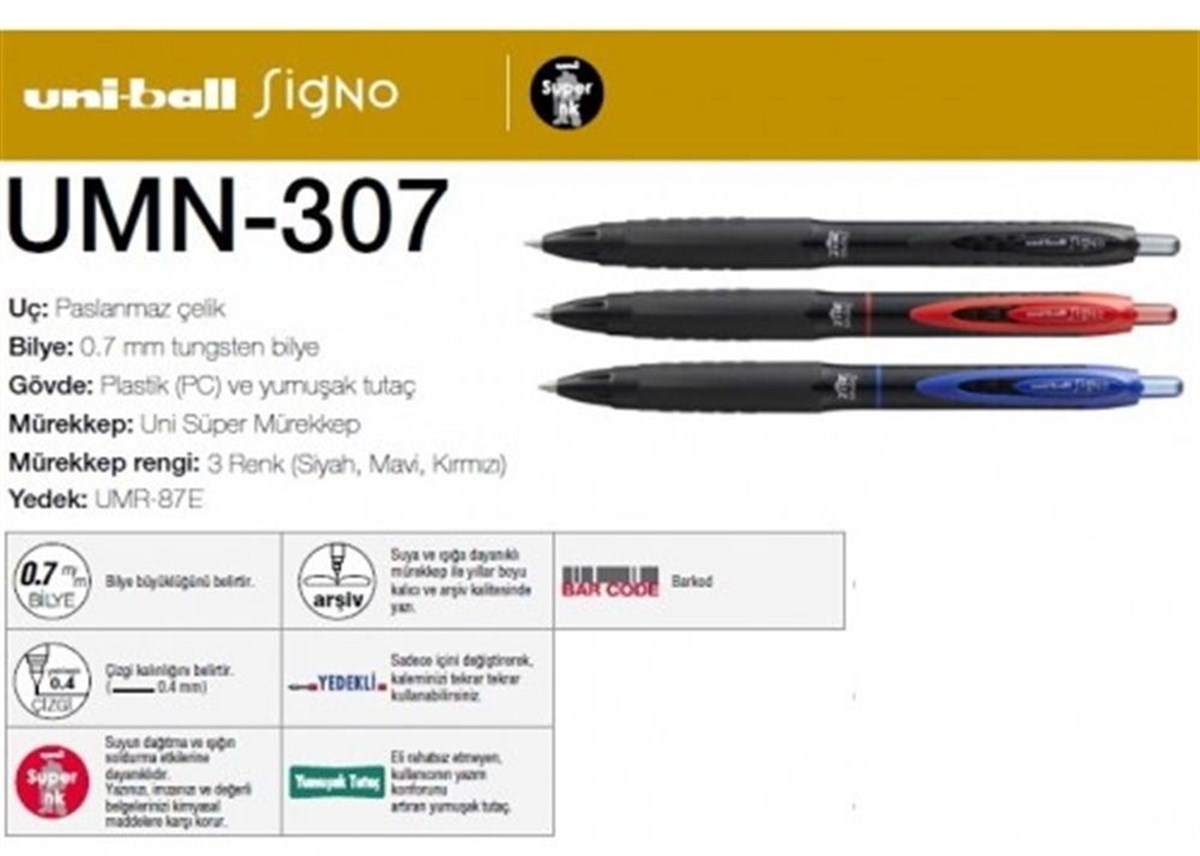 Uniball Umn-307/3D Signo 0.7 Mekanik Jel Kalem 