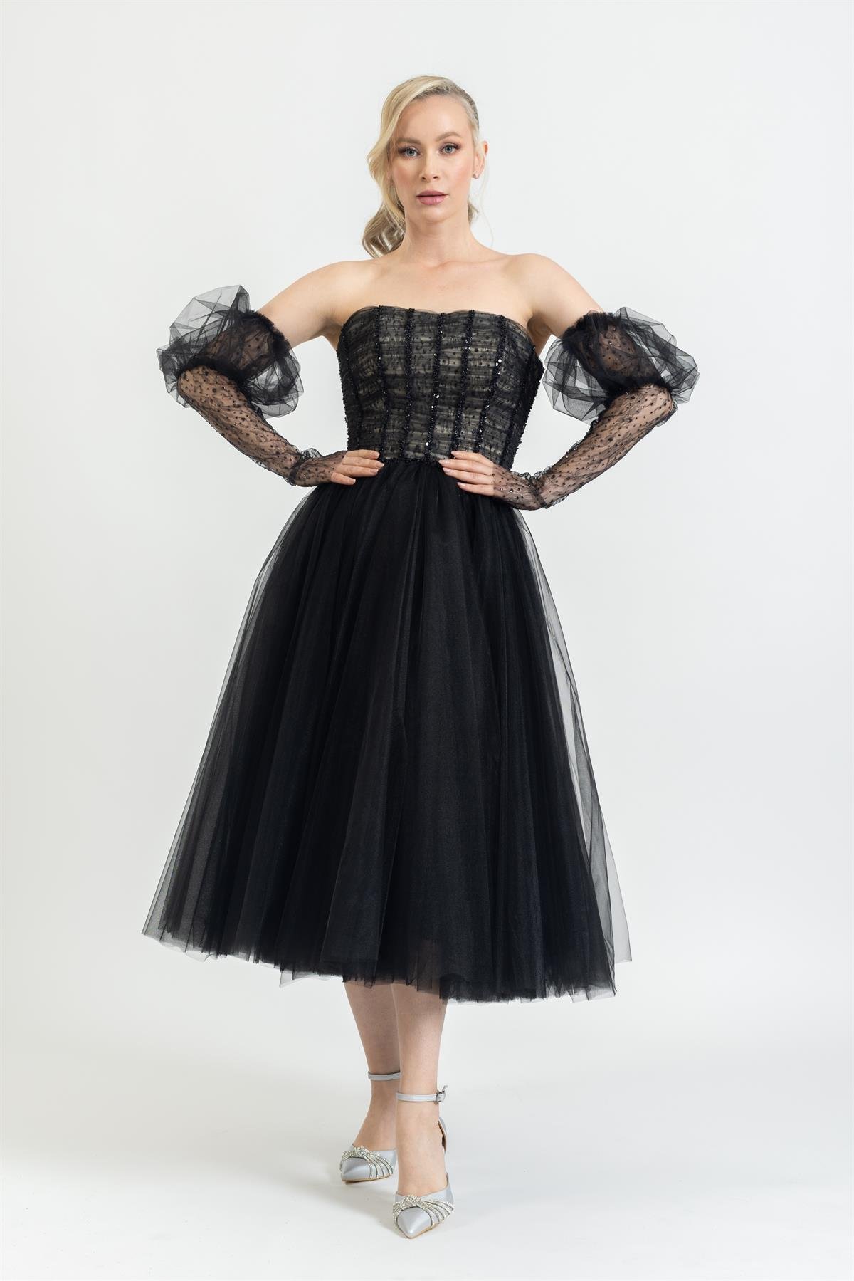 DEMONTE KOL STRAPLEZ MİDİ BOY ŞIK ABİYE ELBİSE