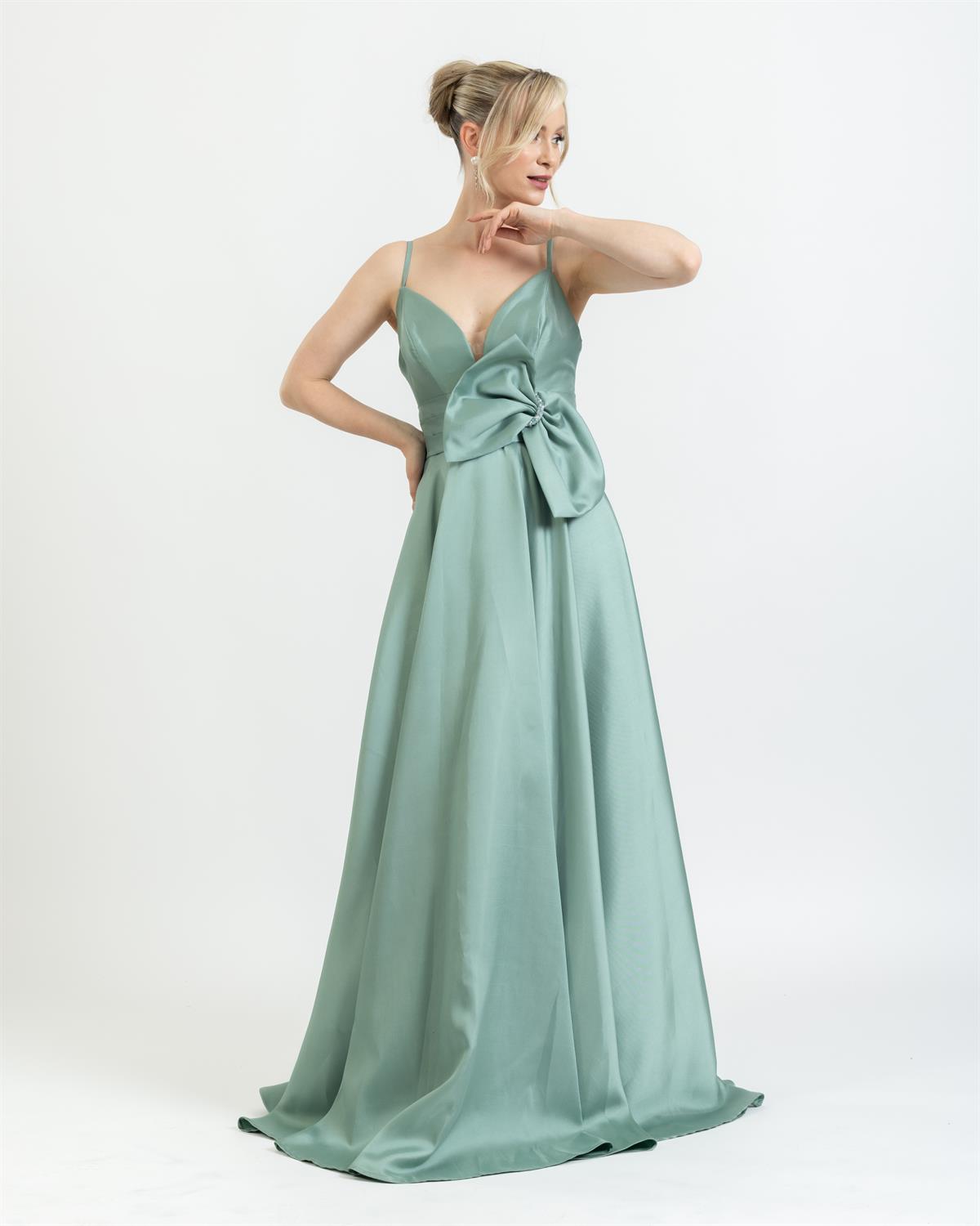 İP ASLIKI SATEN KURDELE DETAYLI ŞIK UZUN ABİYE ELBİSE